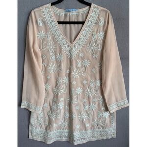 Antonio Melani Women Blouse Small Beige V Neck Long Sleeve Embroidered Tunic